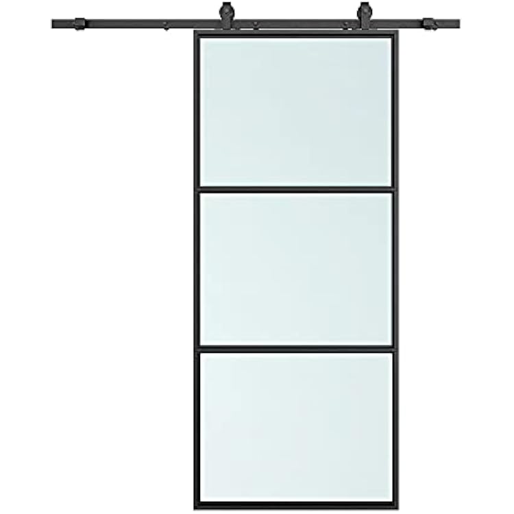 24 in. x 84 in. Full Lite Frosted Glass Black Steel Frame Interior Sliding Barn Door with Hardware Kit and Door Handle