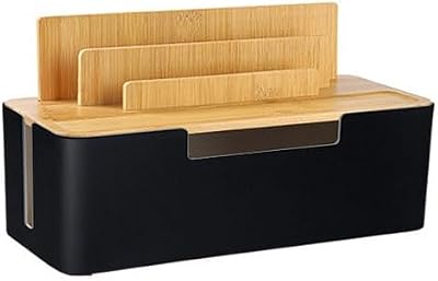 Cable Management Box with Wooden Lid, Multi-Device Organizer for PhonesTabletsSmartwatches, Desktop Cord Organizer for Tidy Workspace Black