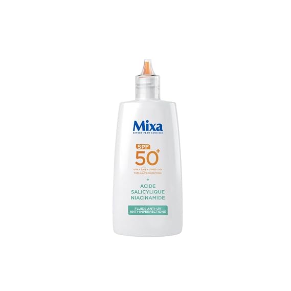 Mixa - Daily Anti-UV & Anti-Bleach Fluid - SPF 50+ Very High Protection - Salicylic Acid and Niacinamides - Anti-pimples and Shine - Mattifying Effect - 40 ml