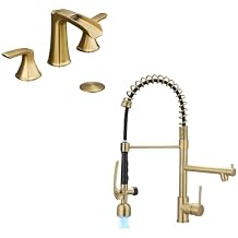 Fapully Brushed Gold Kitchen Faucet with Pull Down LED Sprayer and Waterfall Bathroom Faucet
