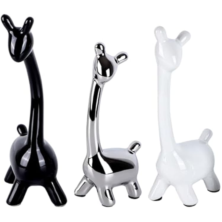Ceramic Giraffe Statue Set of 3, Giraffe Decorative Sculpture Home Decor, Modern Giraffe Family Statue Sculpture Figurines for Living Room Bookshelf Desktop, Animal Gifts Black, White, and Silver