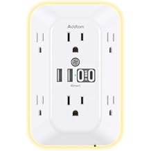 Addtam Surge Protector Outlet Extender, 6 Outlet Splitter with Night Light and 4 USB Wall Charger(2 USB-C Ports), Multi Plug Wall Outlet Power Strip for Home Office Dorm Room Essentials