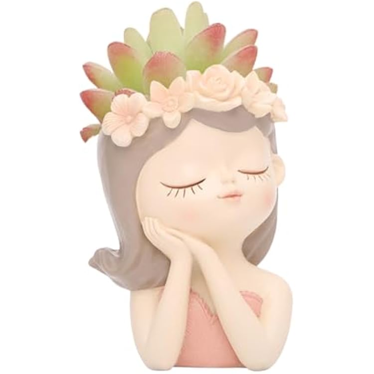Cute Angel Face Succulent Planter Pot with Drainage Hole, Large Girl Face Resin Flower Pot for Indoor&Outdoor, 4.33 inch Tall Lady Head Planter, Unique Garden Home Decor Gift for Plant Lovers - Pink