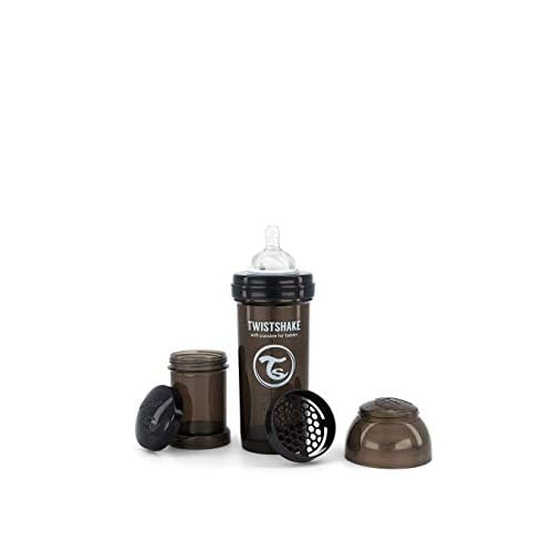 Twistshake Anti-Colic Baby Bottle with Powder Container and Mixer - 260ml | Fast Flow Silicone Breast-Like Nipple | BPA- Free Baby Milk Bottle | Comfort Feeding Experience for Babies | Black