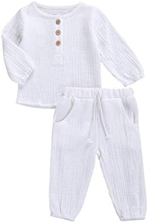 Toddler Baby Boy Girl Clothes Cotton Linen Long Sleeve Button Pullover Tops Drawstring Pants Set Casual Outfit
