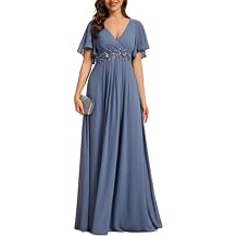 Ever-Pretty Women's Chiffon V-Neck Mother of Bride Dresses A-Line Ruched Short Sleeves Appliques Bridesmaid Dress Formal Gown