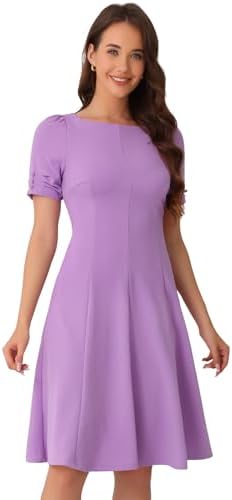 Allegra K A-Line Work Dress for Womens Square Neck Ruched Short Sleeve Dresses
