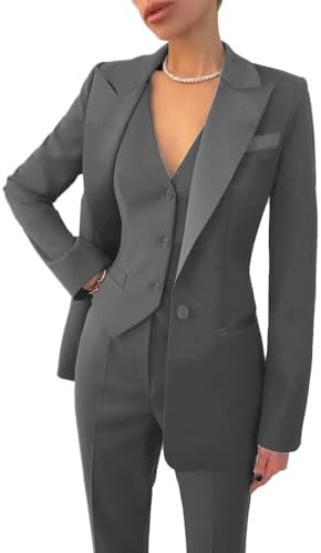 Business Women Suit Set 3 Pieces Notch Lapel Single Breasted Vest for Office Work Lady Suits BlazerVestPantsGrey,8