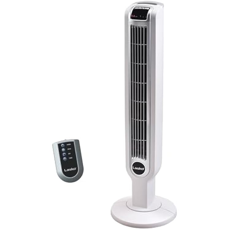 Lasko Oscillating Tower Fan with Remote Control, 3 Quiet Speeds, Timer for Bedroom, Kitchen, Office Use, White, 36 2510