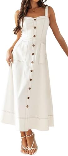 chouyatou Womens Adjustable Strap Midi Long Denim Dress 2025 Button Down A-Line Swing Flowy Jean Dress
