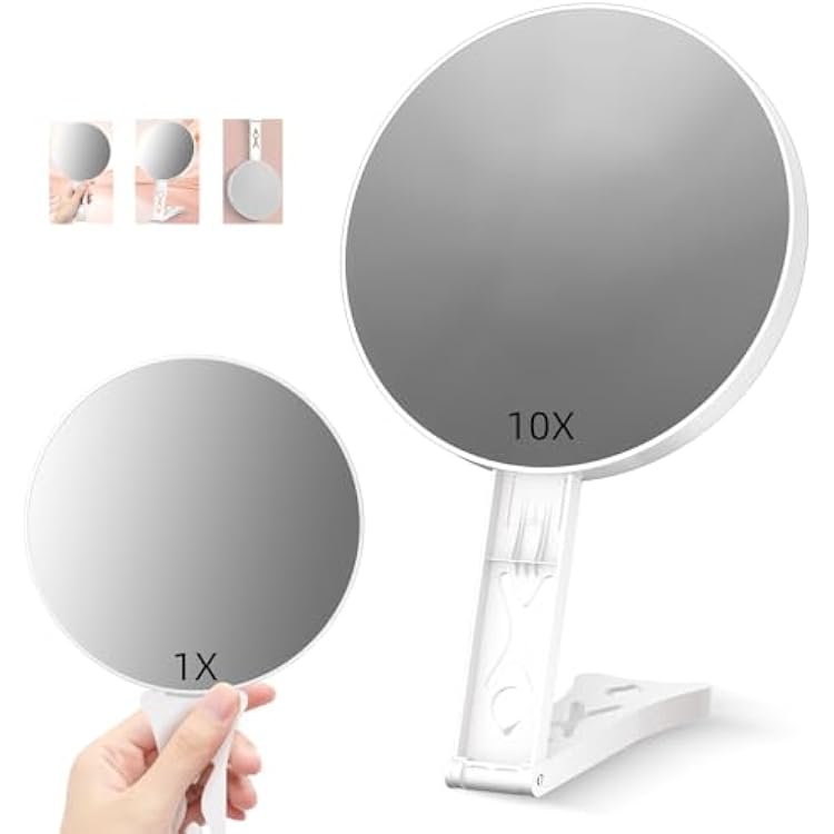 Magnifying Mirror 10X, Double Sided 10X 1X Large 5.5inch Travel Makeup Mirror, High Magnification Hand Mirror with Handle, Portable Magnified Mirror 10x with Stand for Precision Makeup Deep Cleaning