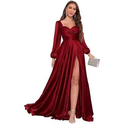 V Neck Satin Bridsmaid Dresses for Women Long Sleeves Pleated Prom Dress 2025 with Slit
