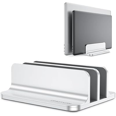 OMOTON Vertical Laptop Stand [Updated Double Version], Desktop Aluminum Mac Book Stand with Adjustable Dock Size, Fits All Mac Book, Surface, Chrome Book and Gaming Laptops Up to 17.3 inch Silver