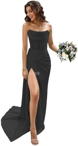 Simple Satin Bridesmaid Dresses for Wedding Strapless Mermaid Prom Dresses Long with Slit Corset Formal Evening Gowns