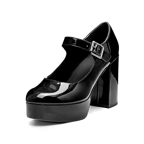 Coutgo Womens T-Strap Round Toe Chunky Platform Heels Patent Mary Jane Dress Shoes