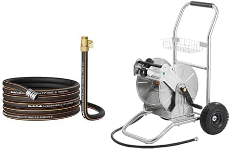 Giraffe Tools Garden Stainless Steel Heavy Duty Water Hose Reel Cart,200 ft of 1/2 Capacity and Hybrid Garden Hose 5/8" x 25ft,Male and Female Fittings with Shut off Valve