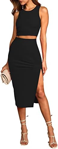 HUUSA 2 Piece Dress for Women Sexy Sleeveless Slim Bodycon Split Midi Dresses Casual Crewneck Tank Tops High Waist Skirt Sets
