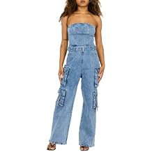 Forever 21 Women's Strapless Cargo Denim Jumpsuit with Belt