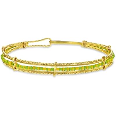 Gold Plated Babalawo Green and Yellow Beads Bangle Orula Bracelet for Women - Beautiful Gold Plated Orula Bangle Bracelet - Stylish Protection Jewelry for All Occasion