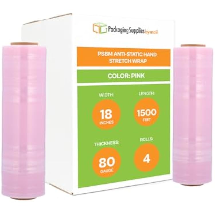 PSBM Anti-Static Stretch Wrap, 4 Pack, 18 Inch x 1500 Feet, 80 Gauge, Pink, Down Gauge Large Plastic Cling Film for Pallets Moving Storing