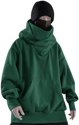Alalaso Ninja Hoodie Men Double Neckline Cotton Pullover Windproof Warm Japanese Streetwear Hoodies Sweatshirts for Men