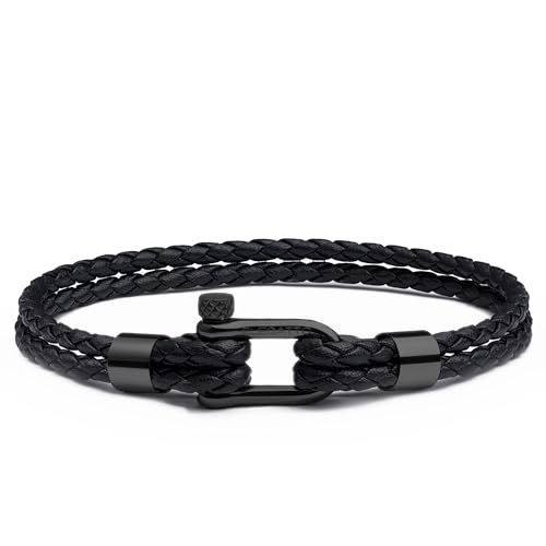 Elegatto Helix Premium Vintage Leather Bracelet for Men | Double Black Leather Strands with Sterling Silver Polished Mini Shackle Closure | Mens Designer Jewelry