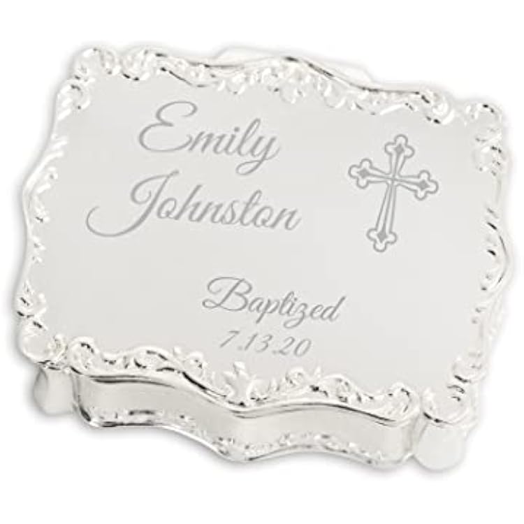 Cherished Moments Personalized Small Rectangle-Shaped Jewelry Box with Custom Engraved Name and Cross for Baptism Gift, Silver Toned