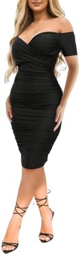 Ekaliy Women's Sexy Off The Shoulder Midi Dress Ruched Bodycon Dresses