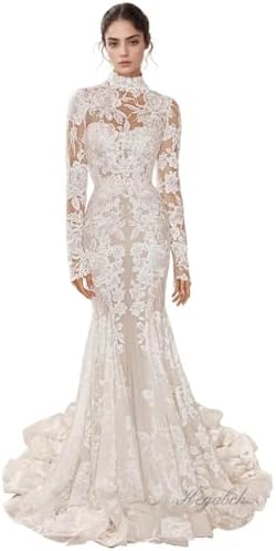 Mermaid Wedding Dresses for Bride 2025 Lace Appliques Tulle Beach Bride Dress with Train He9012