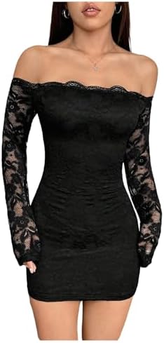 Milumia Women's Lace Long Sleeve Mini Dress Sexy Off The Shoulder Bodycon Birthday Party Going Out Dresses
