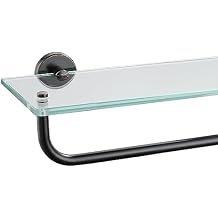 JQK Bathroom Glass Shelf Bronze, Shelf with 15 Inch Towel Bar Tempered Glass Shower Storage 16 by 5 inches, 304 Stainless Steel Oil Rubbed Bronze Wall Mount, TGS100-ORB
