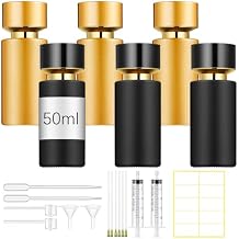 Teenyyou 6 Pack 50 ml Glass Perfume Bottles and Refill Tools Set, Travel Perfume Atomizer Spray Bottles, Portable Empty Refillable Atomizer Decanters with Dispenser Transfer Kit (Black,Gold)