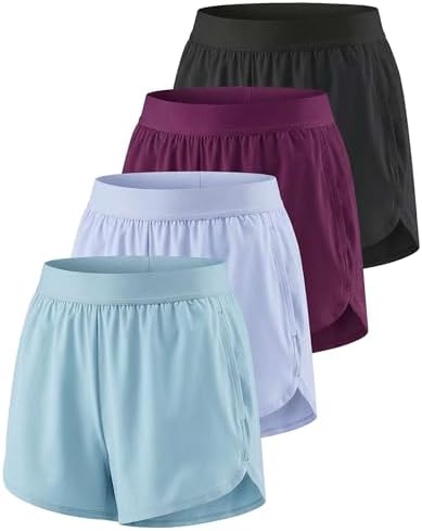 Real Essentials 4 Pack: Womens 3 Dry-Fit Dolphin Running Shorts with Pockets-Athletic Gym Workout Basketball Sports Shorts