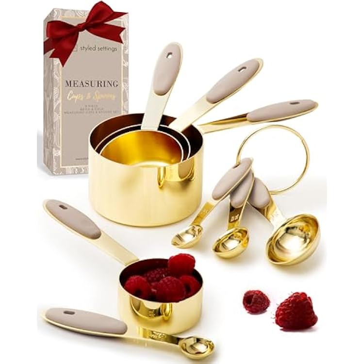 Gold Measuring Cups and Spoons Set 8-Piece Brass Measuring Set with Beige Silicone Handles for Comfortable Grip Stainless Steel, Stackable, Gold Kitchen Accessories for Baking & Cooking