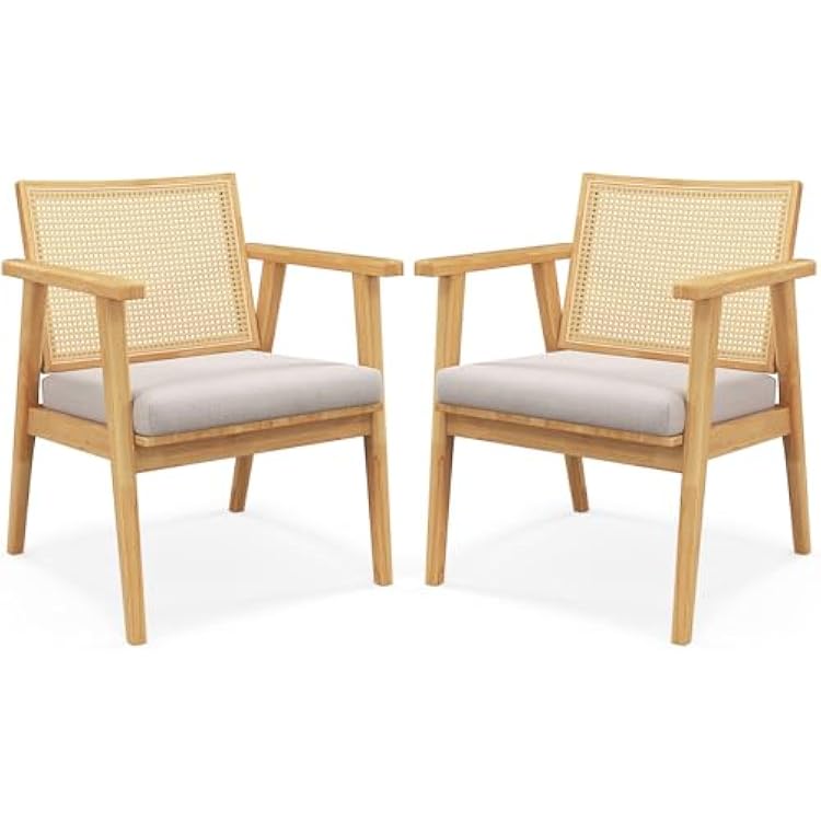GOFLAME Rattan Accent Chairs Set of 2, Comfy Mid-Century Modern Cane Lounge Armchairs with Rattan Back & Removable Seat Cushion, Reading Chairs with Solid Rubber Wood Frame for Living Room, Bedroom