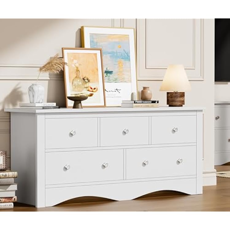 Flamaker Dresser for Bedroom, 5 Drawer Dresser, Wood Dressers, Wide Chest of Drawer, Storage Drawers, Storage Organizer for Closet, Hallway White