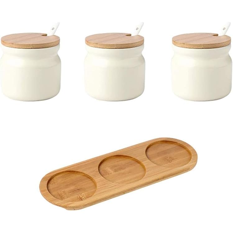 Set of 3 Sugar Bowl, 300ml Ceramic Spice Jar seasoning container salt jar with Bamboo Lid and Ceramic Spoon for Kitchen