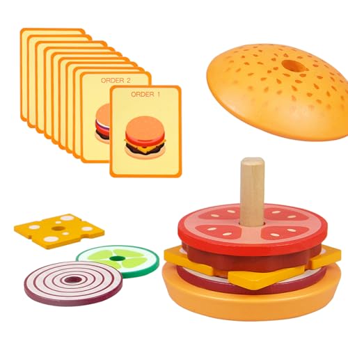 Wooden Burger Stacking Toys Montessori Toys For Toddlers Preschool Education Activity Board Game Early-Education Matching Speed Race Pretend Toy Food Back To School Burger