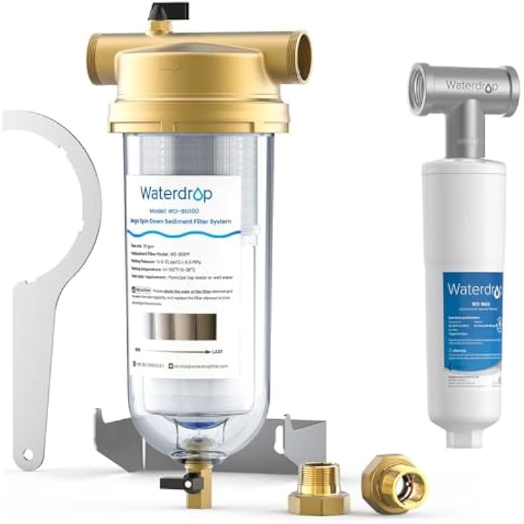 Waterdrop AP431 AP430SS Whole House Scale Inhibitor Filter and Waterdrop Mega Spin Down Sediment System, Reusable 100 Micron5 Micron PP Filter