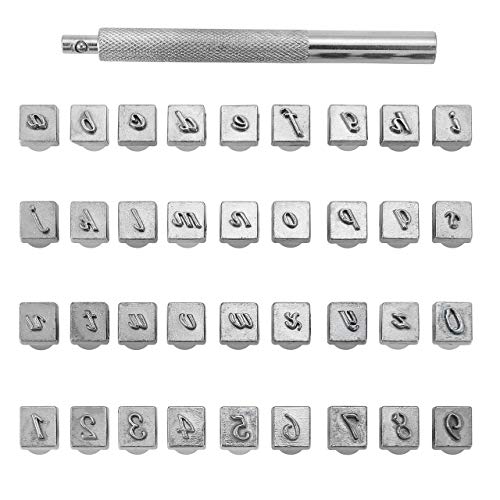 Yoption 37 Pieces Leathercarft Stamping Tool Set, 26 Letters Alphabet & 10 Numbers Stamps Steel Punch Tool 3mm1 Stamping Handle for Leather Craft