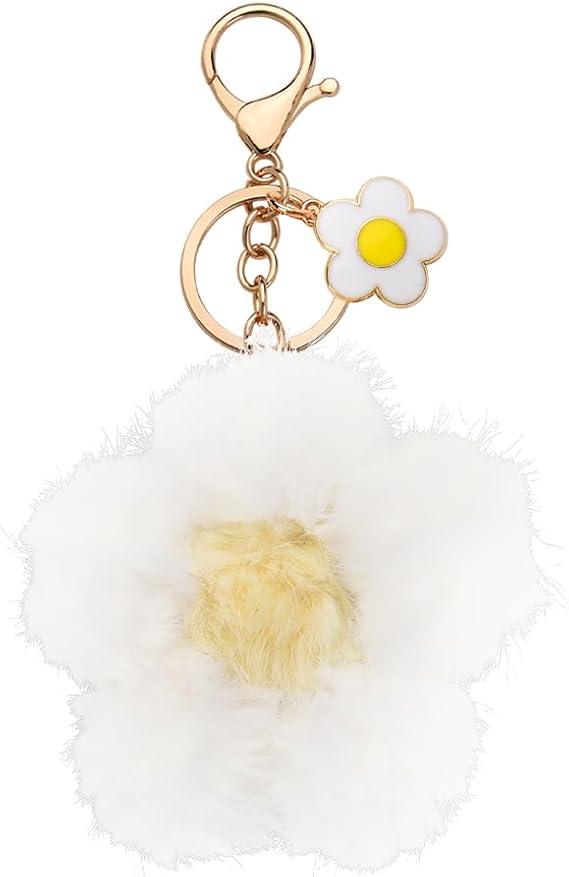 Kefley Cute Flower Plush Keychains for Backpacks Handbags Pom Pom Cherry Blossom Keychain Charm for Women