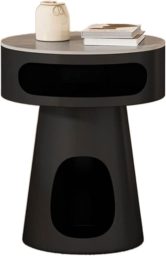 Modern Modern Small End Table, Sofa Side Table with Rockboard Top, Elegant Bedside Table with Storage Shelf for Living Room, Bedroom, Balcony, Metal Frame Simple(Black)