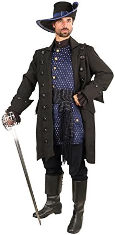 Museum Replicas Mens Blackbeard Pirate Jacket Black Cotton Brocade Coat Satin Lining Leather Buttons Renaissance Costume