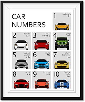 123 Car Number Nursery Poster Print Wall Art for Babies and Kids 10 Vehicles Covering Numbers 1 to 10-8x10" Metallic Print (Unframed) - Gift for Car Enthusiast