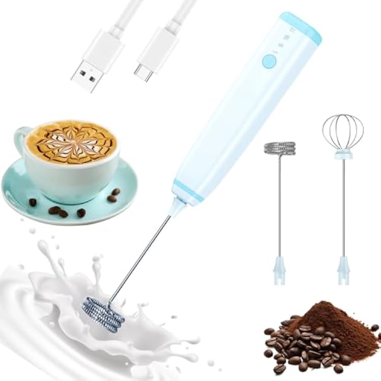 Milk Frother Handheld Electric Foam Maker, Rechargeable Type-C Waterproof Drink Mixer with 2 Heads Detachable Stainless Steel Whisk 3 Speeds for Cappuccino, Bulletproof Coffee, Latte, Egg