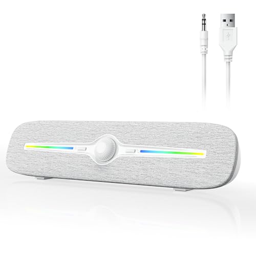 SOULION Computer Speakers for Desktop, USB Powered Bluetooth PC Speaker with Led Light, 3.5mm Aux Soundbar with Rotary Volume Control Button for Laptop Monitor White