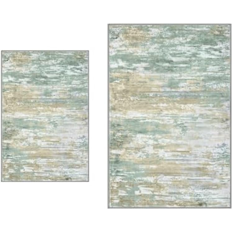 KOZYFLY 2 PCS Area Rug 2x3, 3x5 Entryway Rugs Modern Abstract Non-Slip Machine Washable Rug Light Green Yellow, Dining Room Rug with Soft Low Pile for Kitchen Bath Office Small Carpet Floor Mats