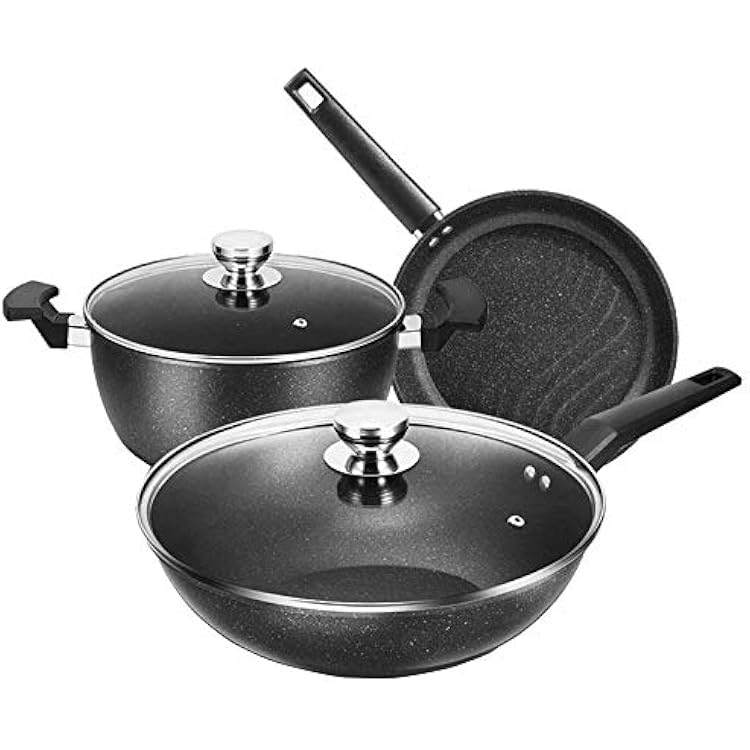Cooking Pot, Non Stick Cookware Sets,3 Piece Stone-Derived Pots and Pans,Frying Pan and Saucepan Set for Baking,Broiling,Frying,Roasting vision