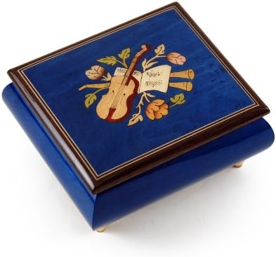 Inspiring Royal Blue Music Theme with Violin Wood Inlay Music Box - Many Songs to Choose - It's A Small World After All