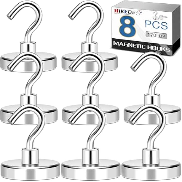 MIKEDE Magnetic Hooks Heavy Duty, 170LB Strong Neodymium Magnets for Refrigerator, Large Magnetic Hooks for Hanging, Magnets with Hooks Cruise Ship Essentials for Kitchen, Workplace - 8 Pack